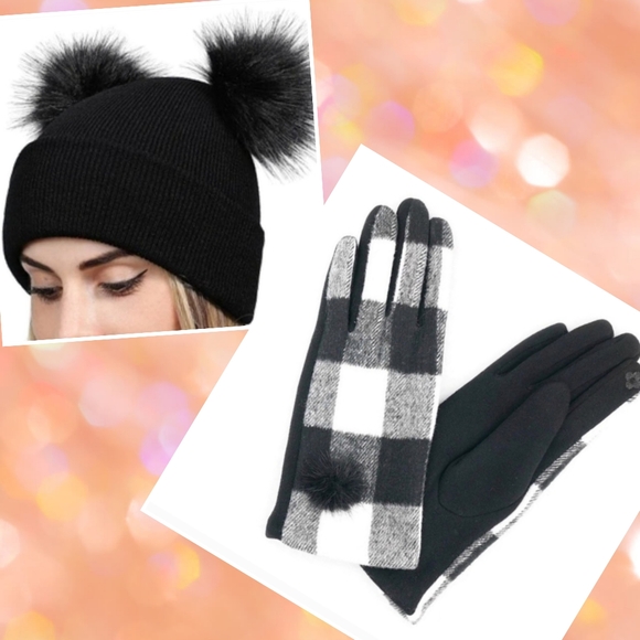 Accessories - BLACK Faux Fur Double Pompom Rib-Knit Beanie Hat & SMART GLOVES.  NEW